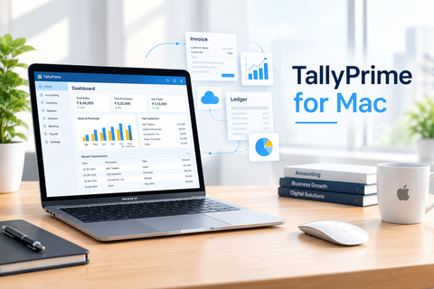 TallyPrime accounting software running on MacBook